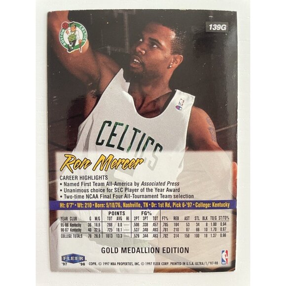1997-98 Fleer Ultra - Gold Medallion #139G Ron Mercer (RC) KENTUCKY - Picture 2 of 2